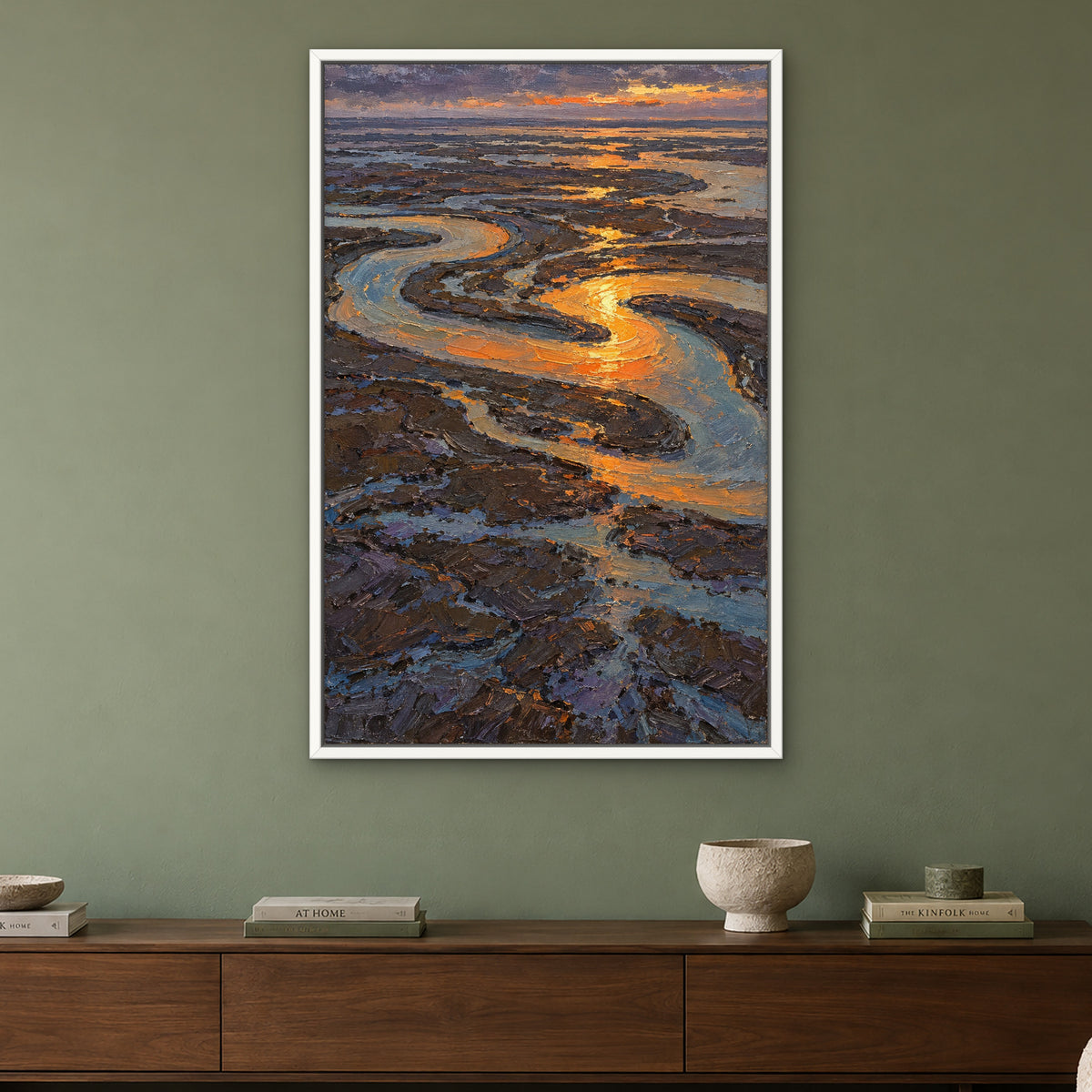 Ember Estuary, blue abstract hand-painted canvas wall art in a living room – Gallery 23