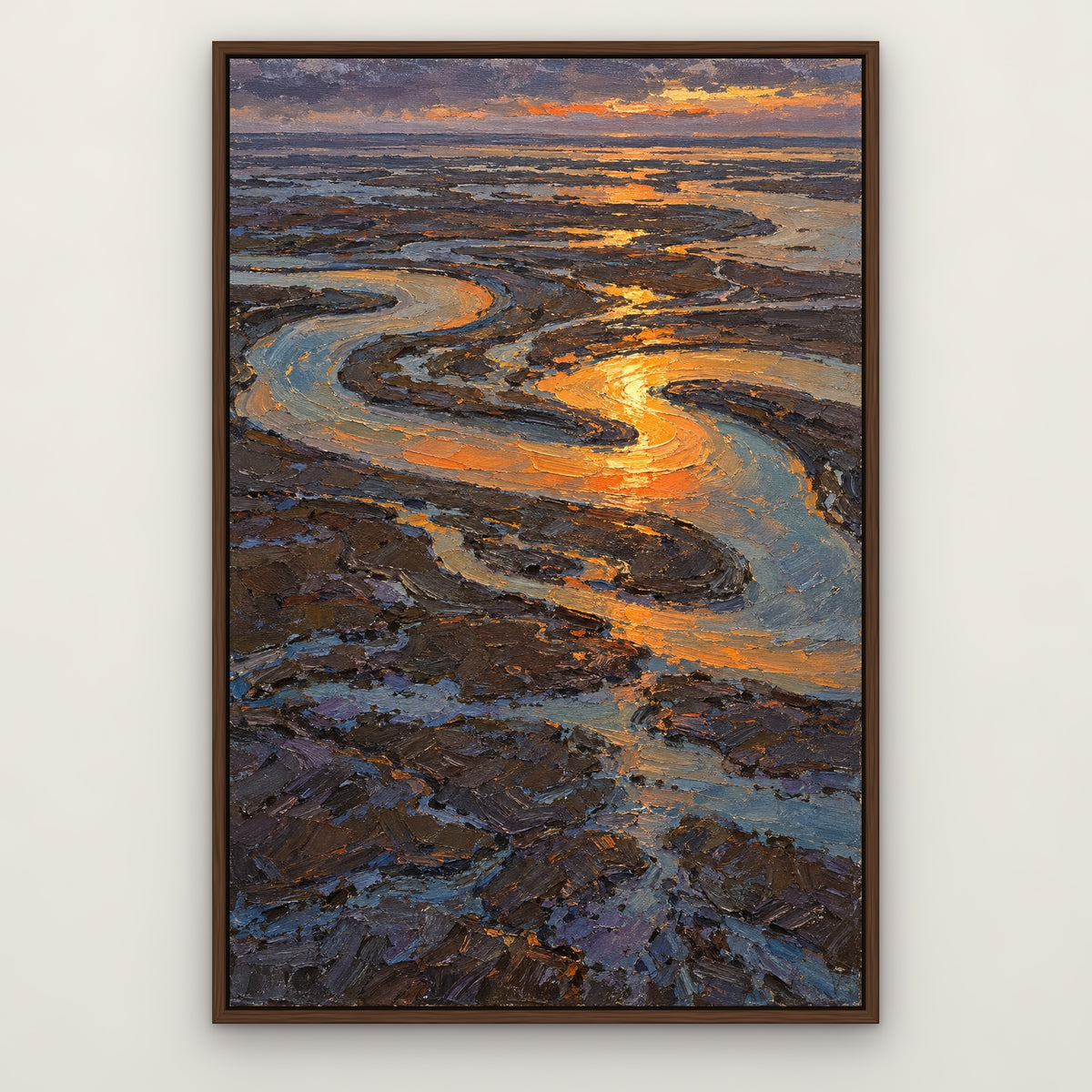 Ember Estuary, blue abstract hand-painted canvas wall art in a slim walnut float frame – Gallery 23