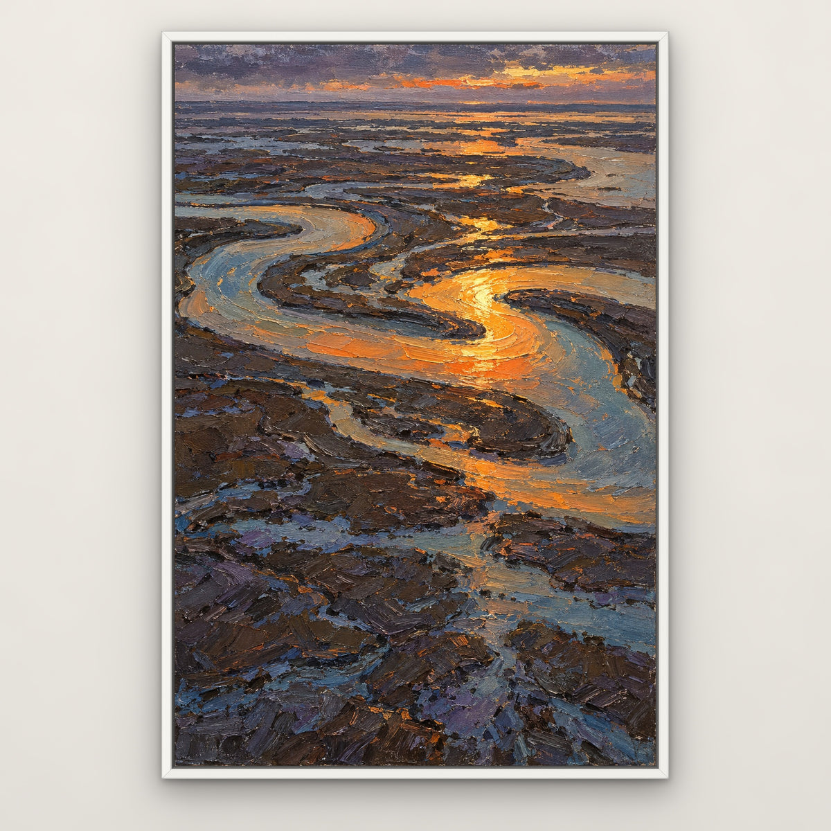 Ember Estuary, blue abstract hand-painted canvas wall art in a slim white float frame – Gallery 23