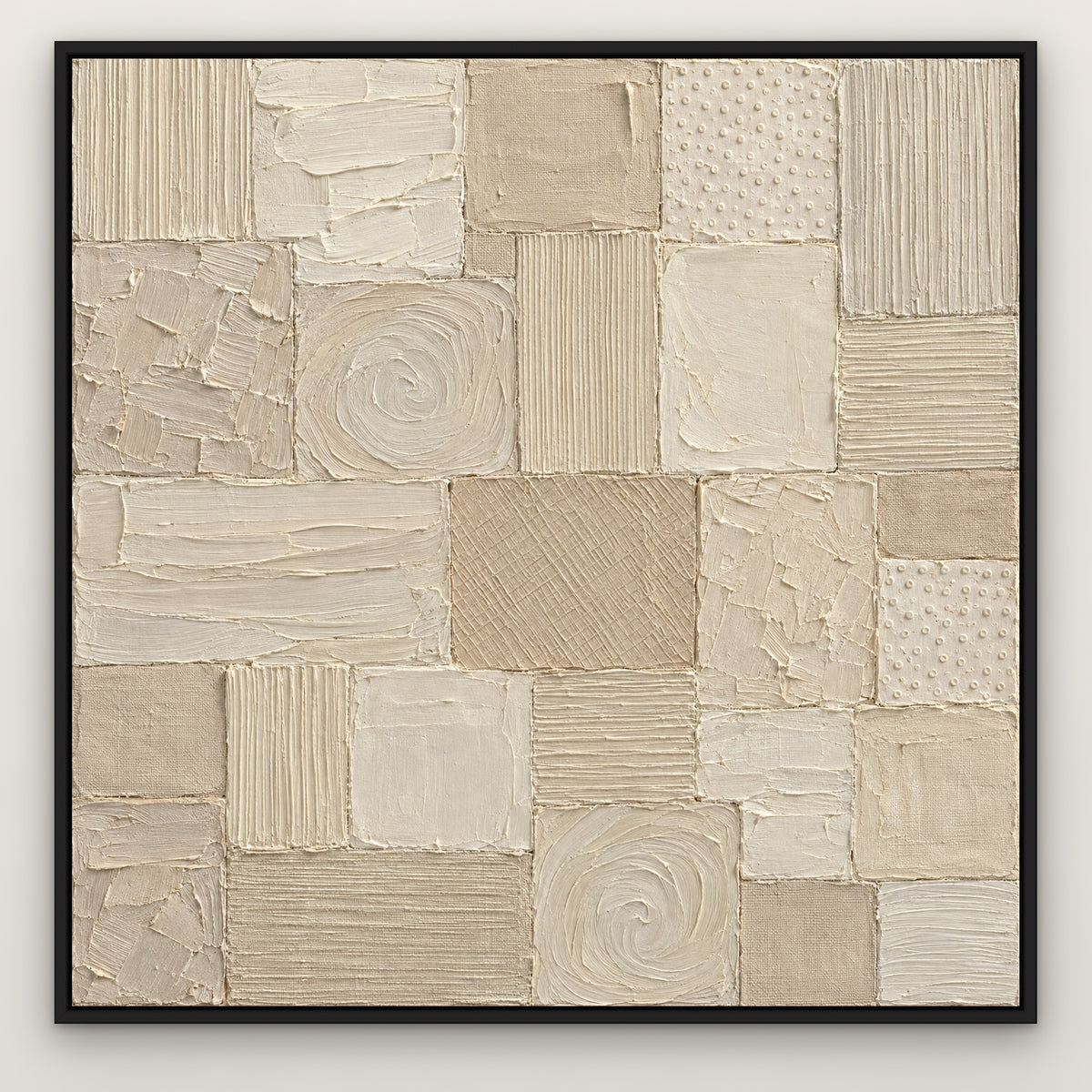 White Patchwork Relief II, grey abstract hand-painted canvas wall art in a slim black float frame – Gallery 23