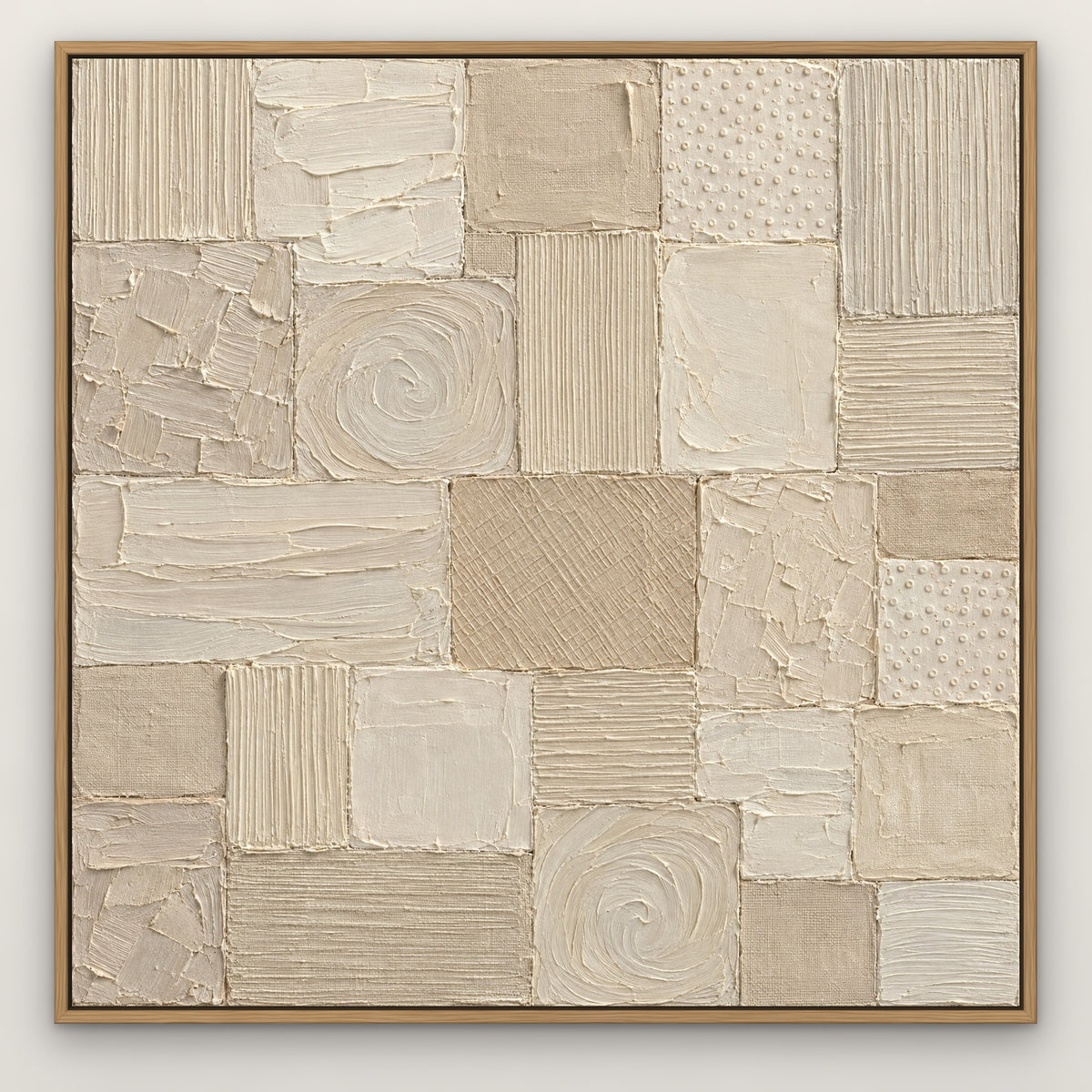 White Patchwork Relief II, grey abstract hand-painted canvas wall art in a slim oak float frame – Gallery 23