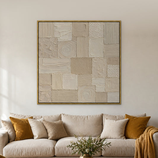 White Patchwork Relief II, grey abstract hand-painted canvas wall art in a living room – Gallery 23