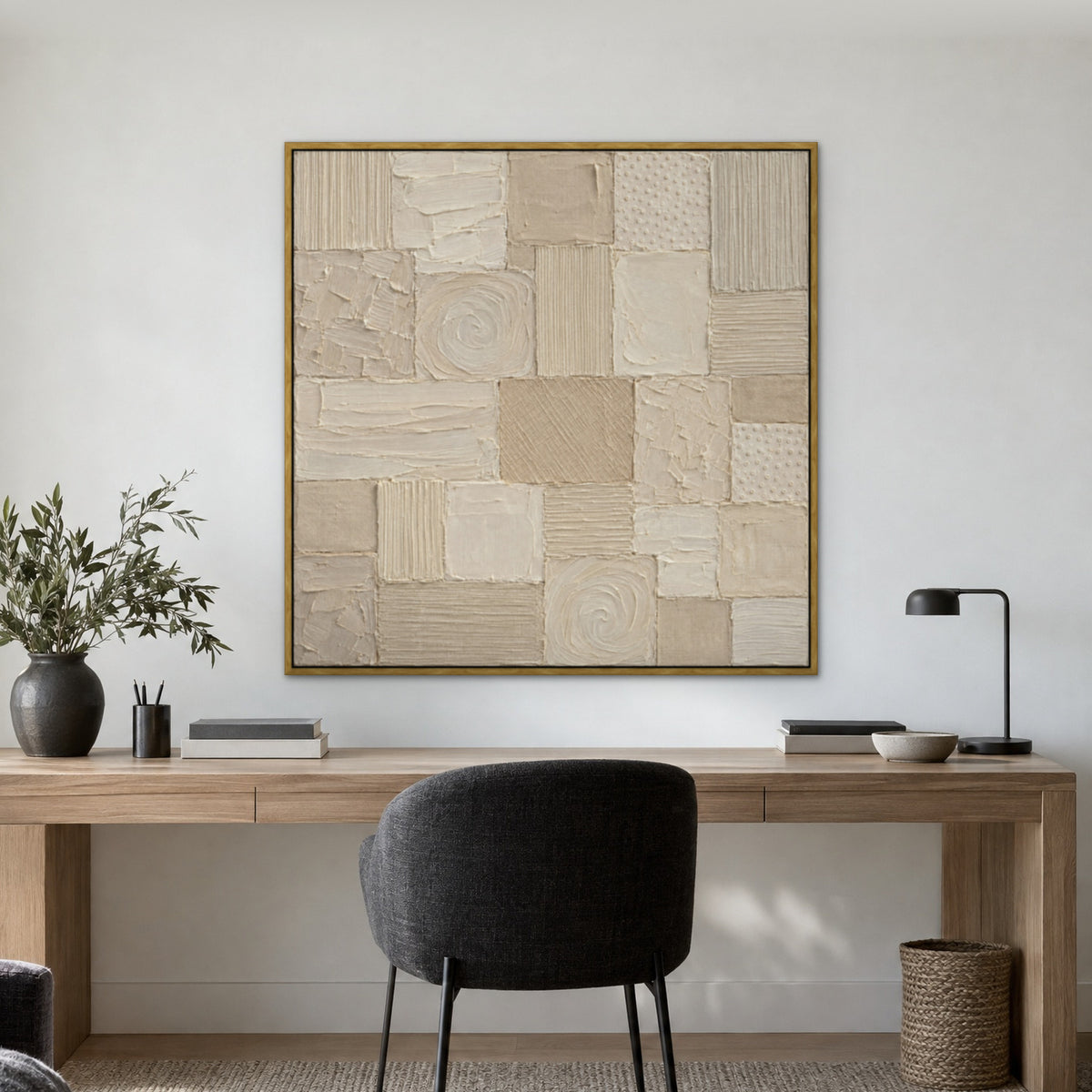 White Patchwork Relief II, grey abstract hand-painted canvas wall art in a home office – Gallery 23
