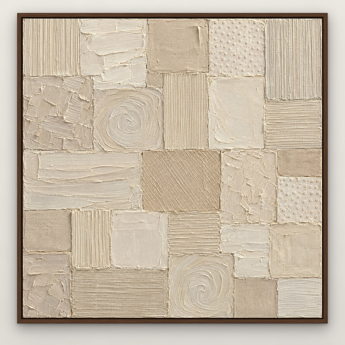 White Patchwork Relief II, grey abstract hand-painted canvas wall art in a slim walnut float frame – Gallery 23
