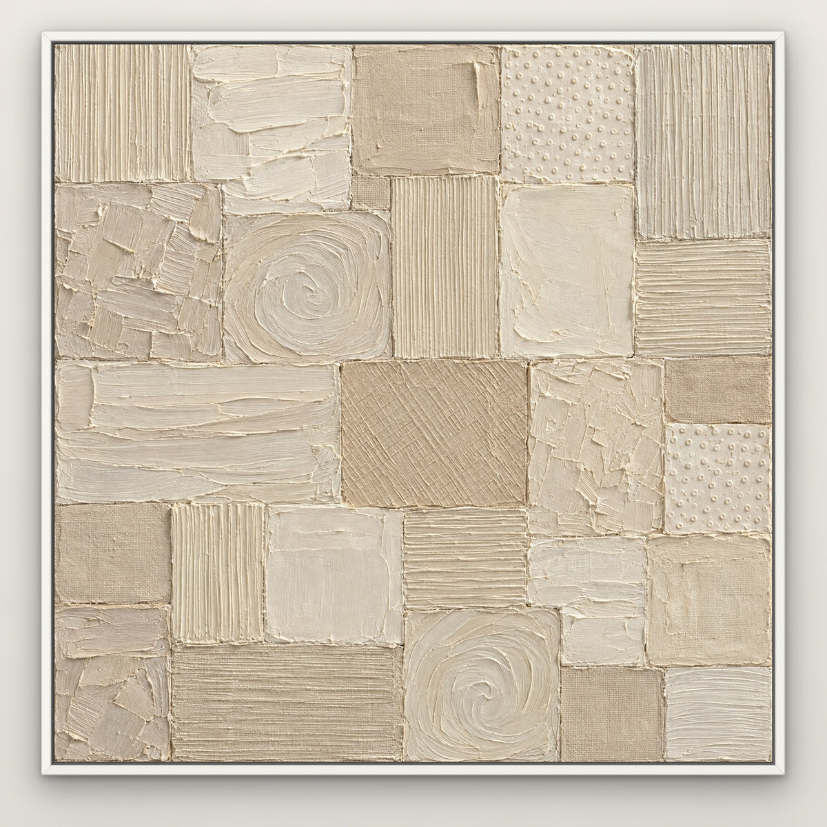 White Patchwork Relief II, grey abstract hand-painted canvas wall art in a slim white float frame – Gallery 23
