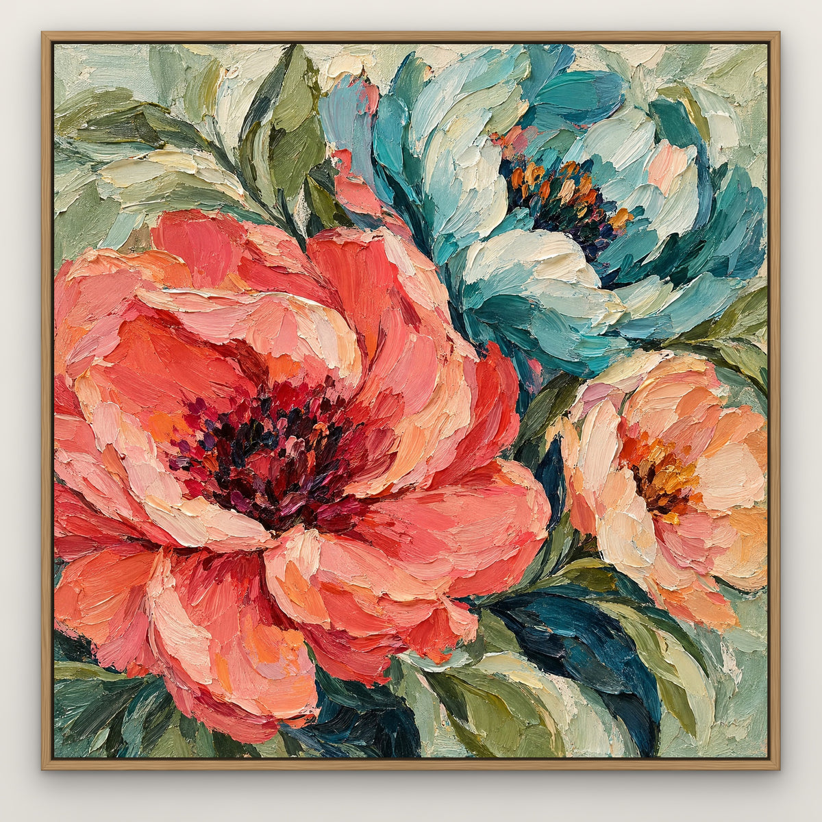Coral and Teal Petals, colourful abstract hand-painted canvas wall art in a slim oak float frame – Gallery 23