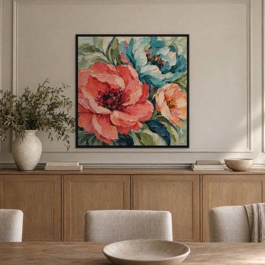 Coral and Teal Petals, colourful abstract hand-painted canvas wall art in a dining room – Gallery 23