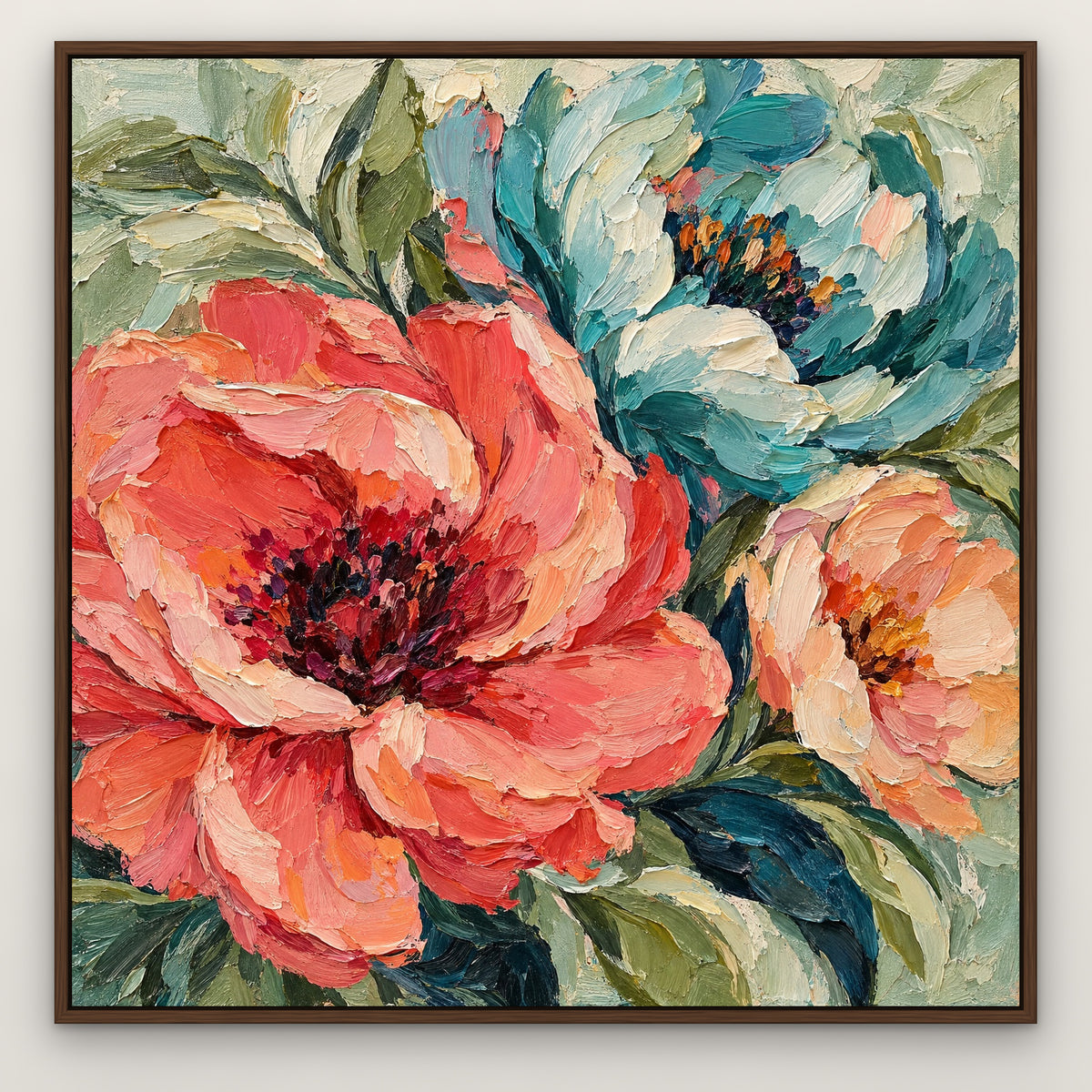 Coral and Teal Petals, colourful abstract hand-painted canvas wall art in a slim walnut float frame – Gallery 23