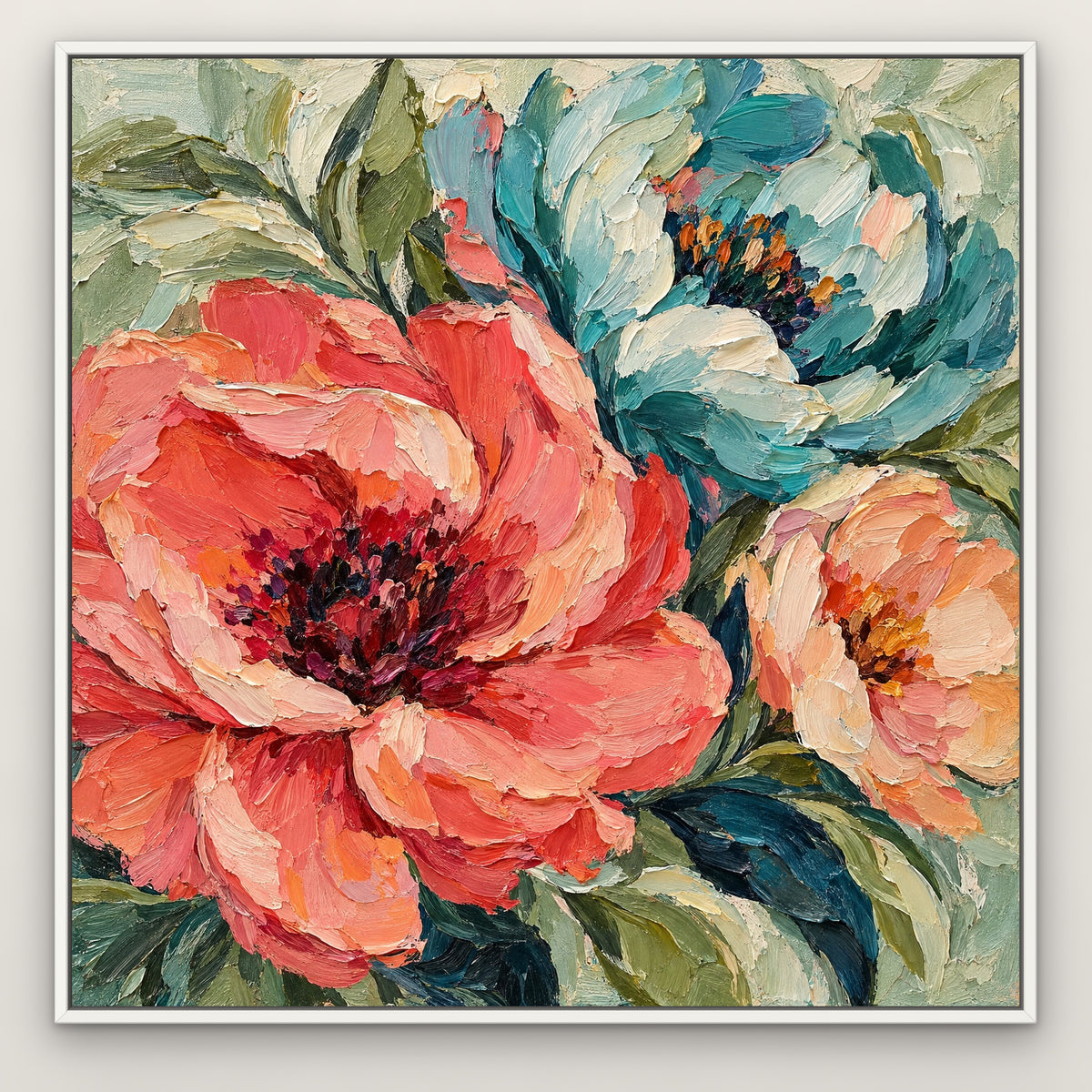 Coral and Teal Petals, colourful abstract hand-painted canvas wall art in a slim white float frame – Gallery 23