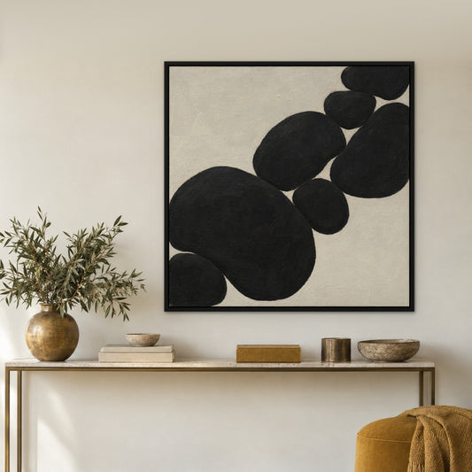 Black Pebble Rows, black and white abstract hand-painted canvas wall art in a hallway – Gallery 23