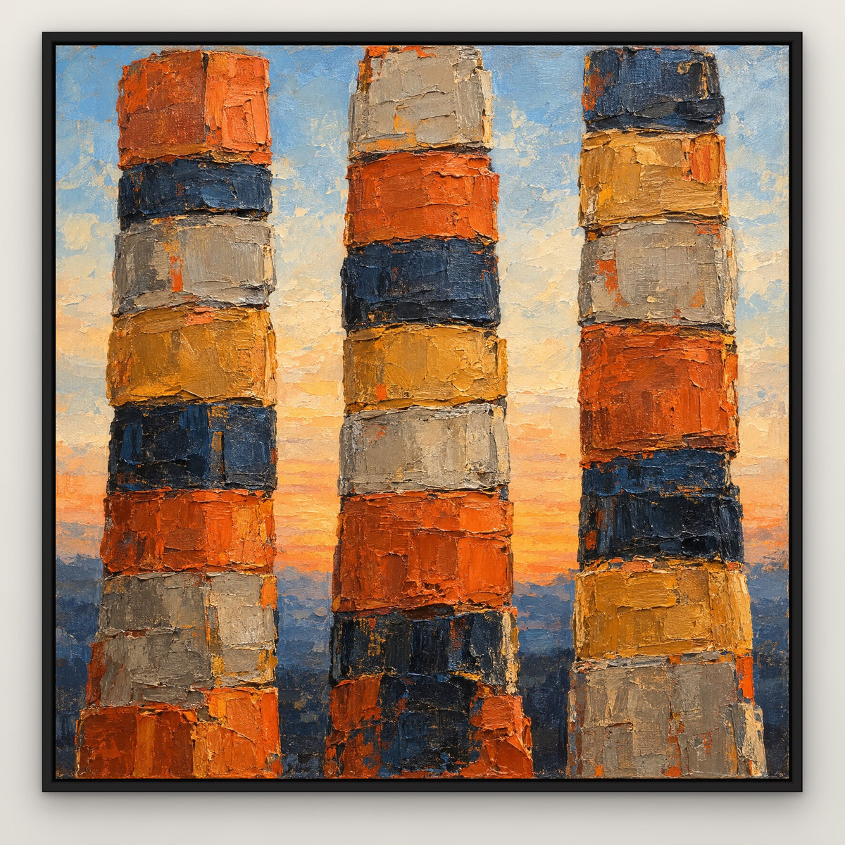Sunset Totems, blue abstract hand-painted canvas wall art in a slim black float frame – Gallery 23