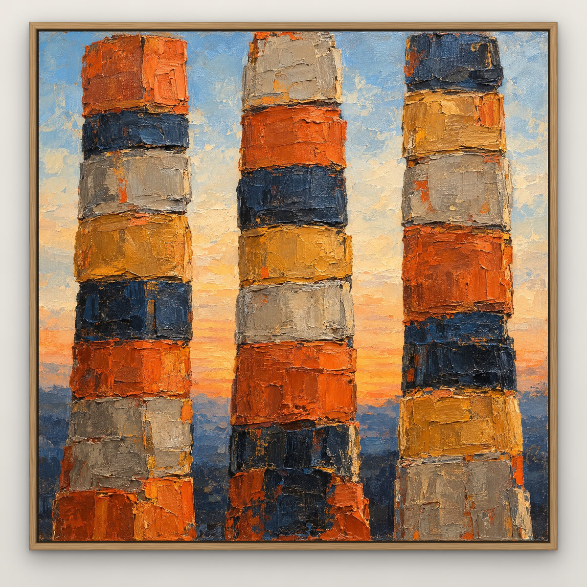 Sunset Totems, blue abstract hand-painted canvas wall art in a slim oak float frame – Gallery 23