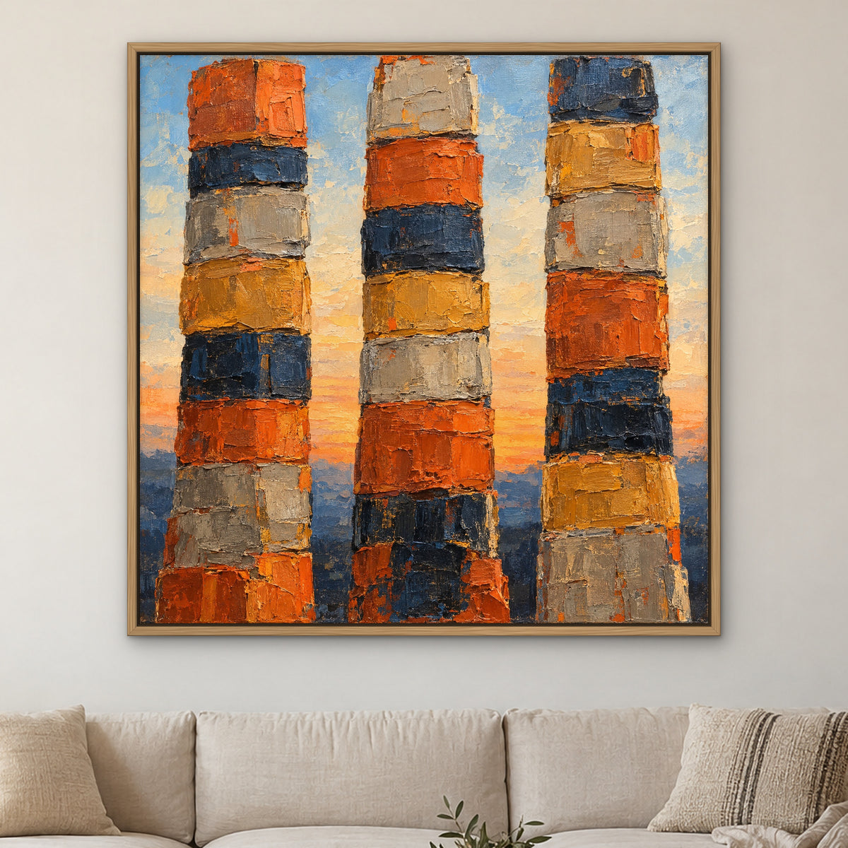 Sunset Totems, blue abstract hand-painted canvas wall art in a living room – Gallery 23