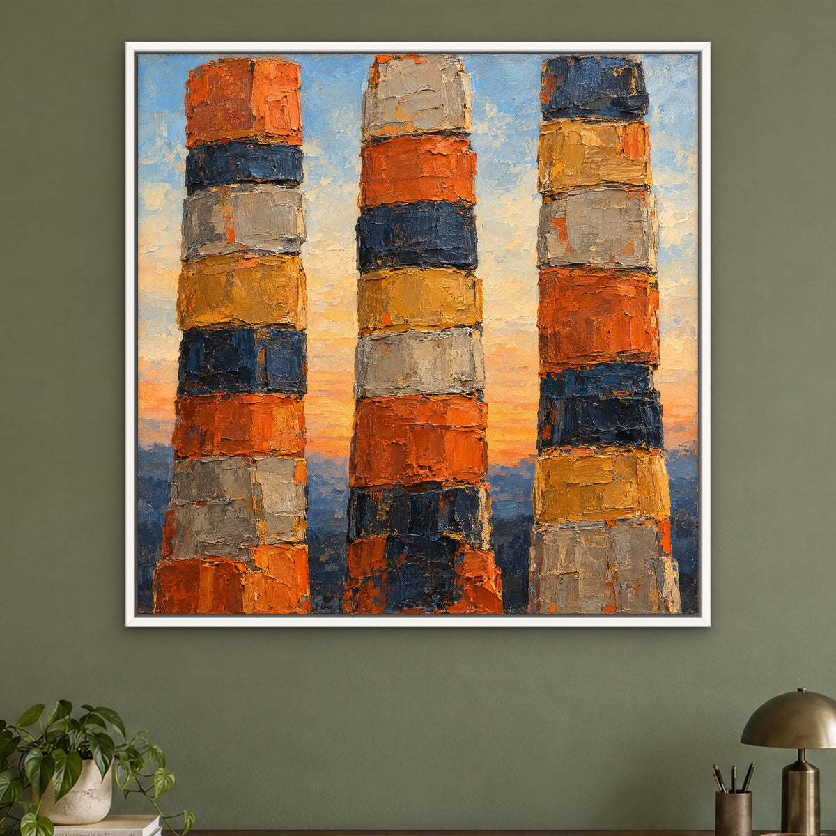 Sunset Totems, blue abstract hand-painted canvas wall art in a home office – Gallery 23