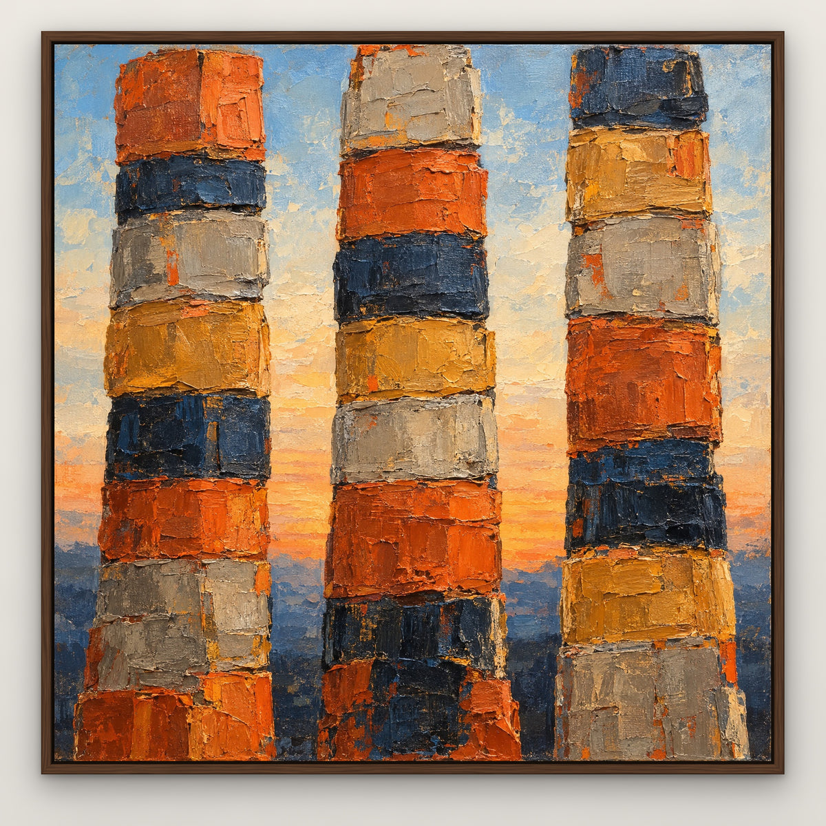 Sunset Totems, blue abstract hand-painted canvas wall art in a slim walnut float frame – Gallery 23
