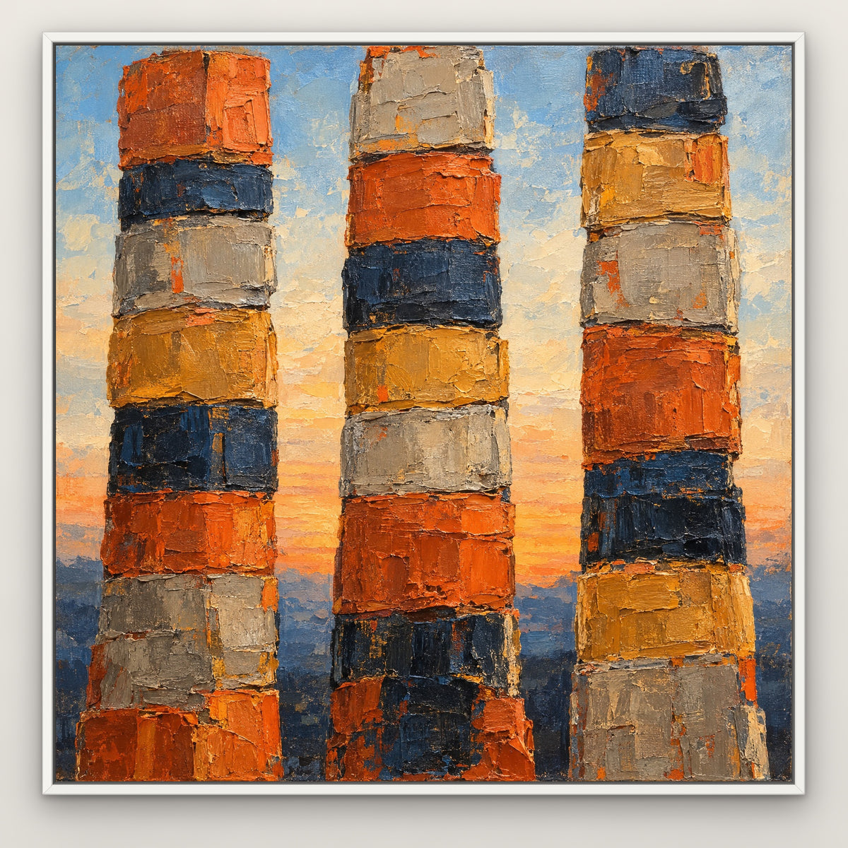 Sunset Totems, blue abstract hand-painted canvas wall art in a slim white float frame – Gallery 23