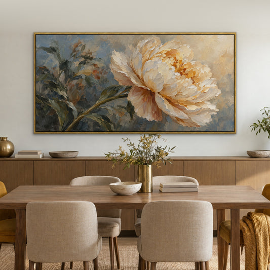 Peony in Bloom, brown floral hand-painted canvas wall art in a dining room – Gallery 23