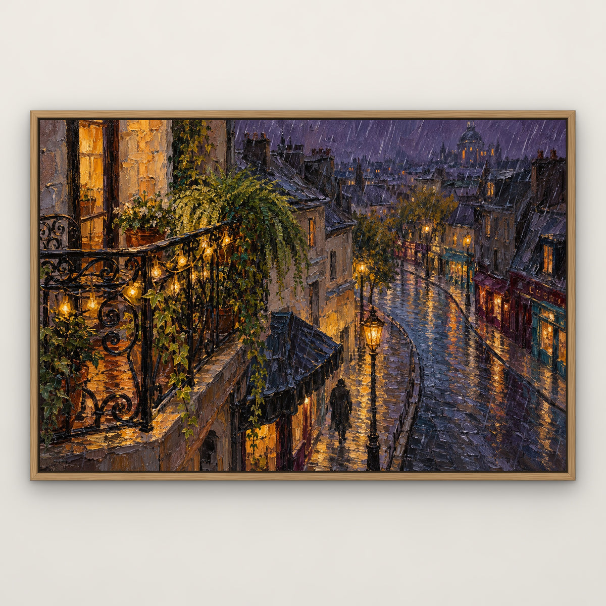 Balcony Street at Night, blue cityscape hand-painted canvas wall art in a slim oak float frame – Gallery 23