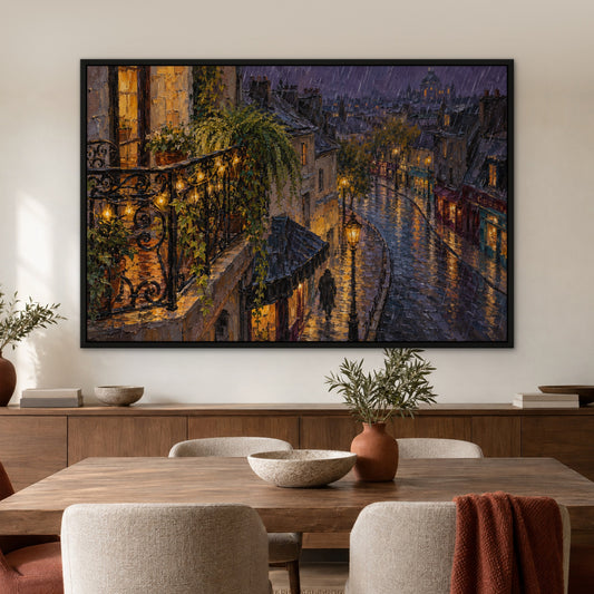 Balcony Street at Night, blue cityscape hand-painted canvas wall art in a dining room – Gallery 23