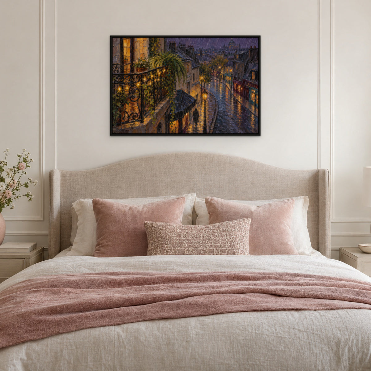 Balcony Street at Night, blue cityscape hand-painted canvas wall art in a bedroom – Gallery 23