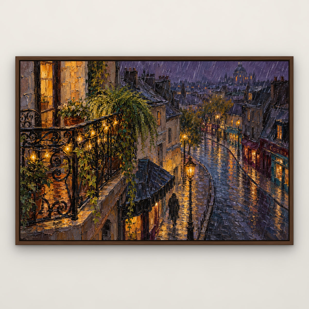 Balcony Street at Night, blue cityscape hand-painted canvas wall art in a slim walnut float frame – Gallery 23