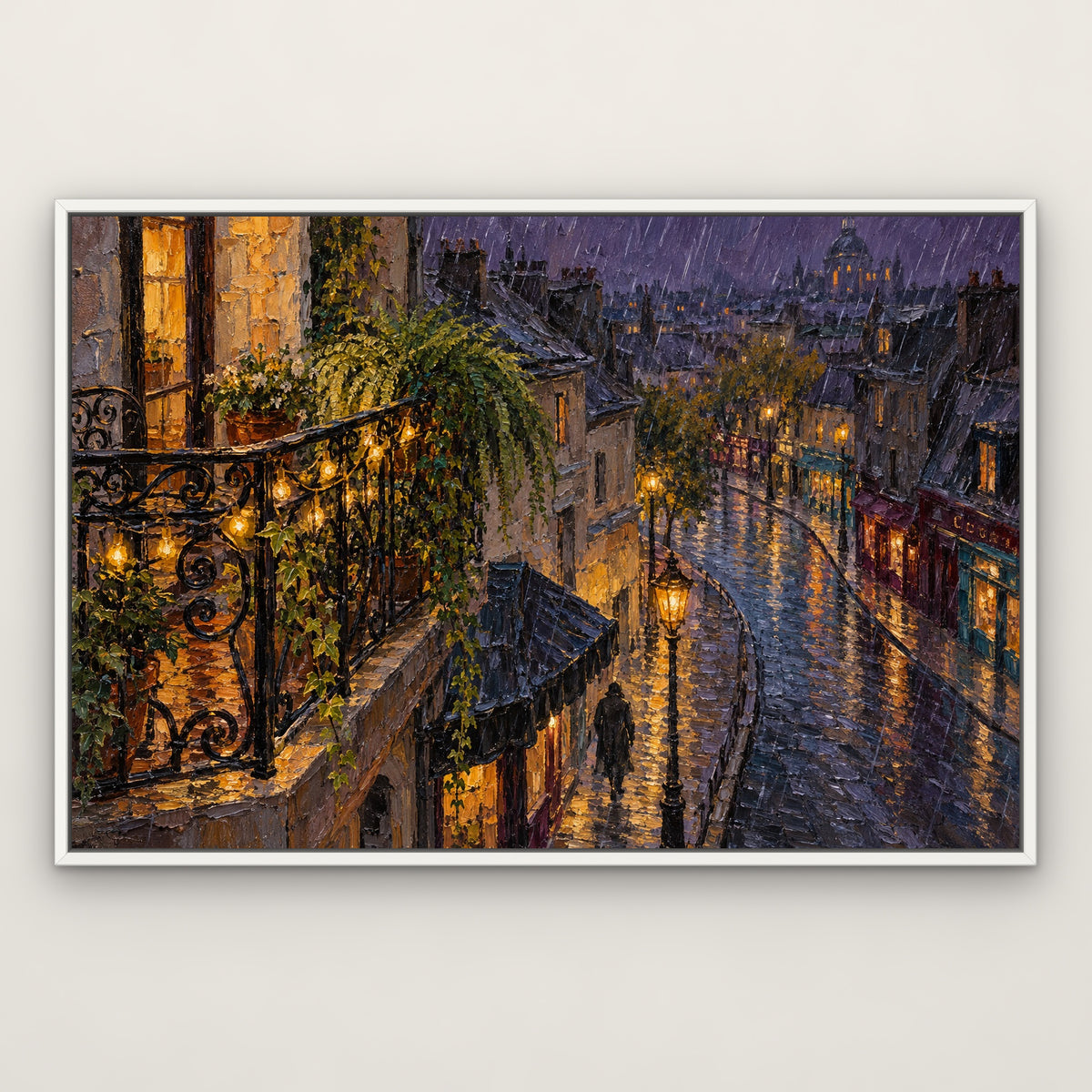Balcony Street at Night, blue cityscape hand-painted canvas wall art in a slim white float frame – Gallery 23