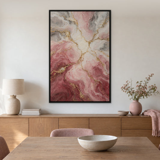 Rose Marble Vein, pink abstract hand-painted canvas wall art in a dining room – Gallery 23