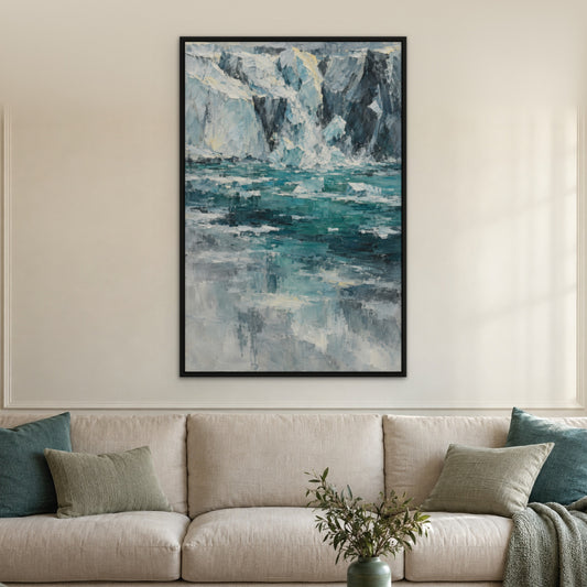 Teal Glacier Melt, blue abstract hand-painted canvas wall art in a living room – Gallery 23