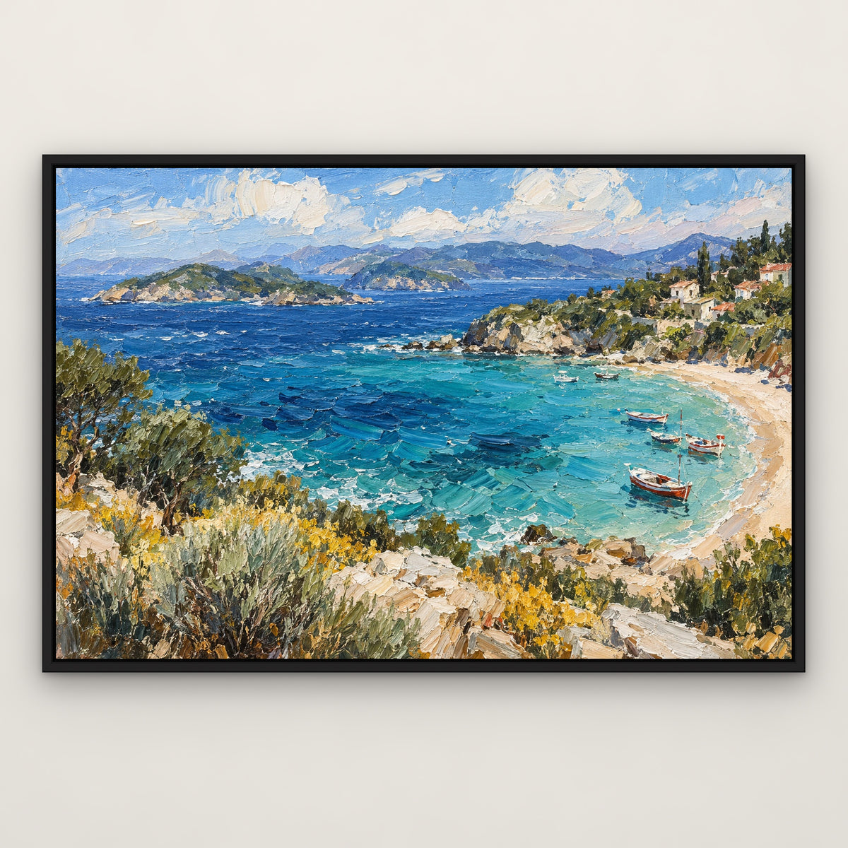 Turquoise Island Bay, blue seascape hand-painted canvas wall art in a slim black float frame – Gallery 23