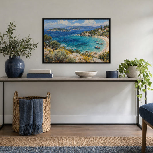Turquoise Island Bay, blue seascape hand-painted canvas wall art in a hallway – Gallery 23