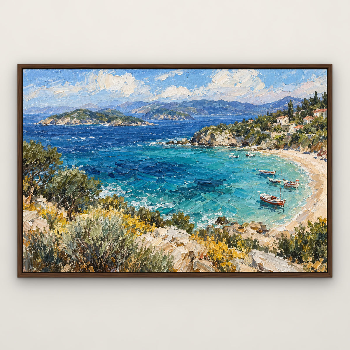 Turquoise Island Bay, blue seascape hand-painted canvas wall art in a slim walnut float frame – Gallery 23