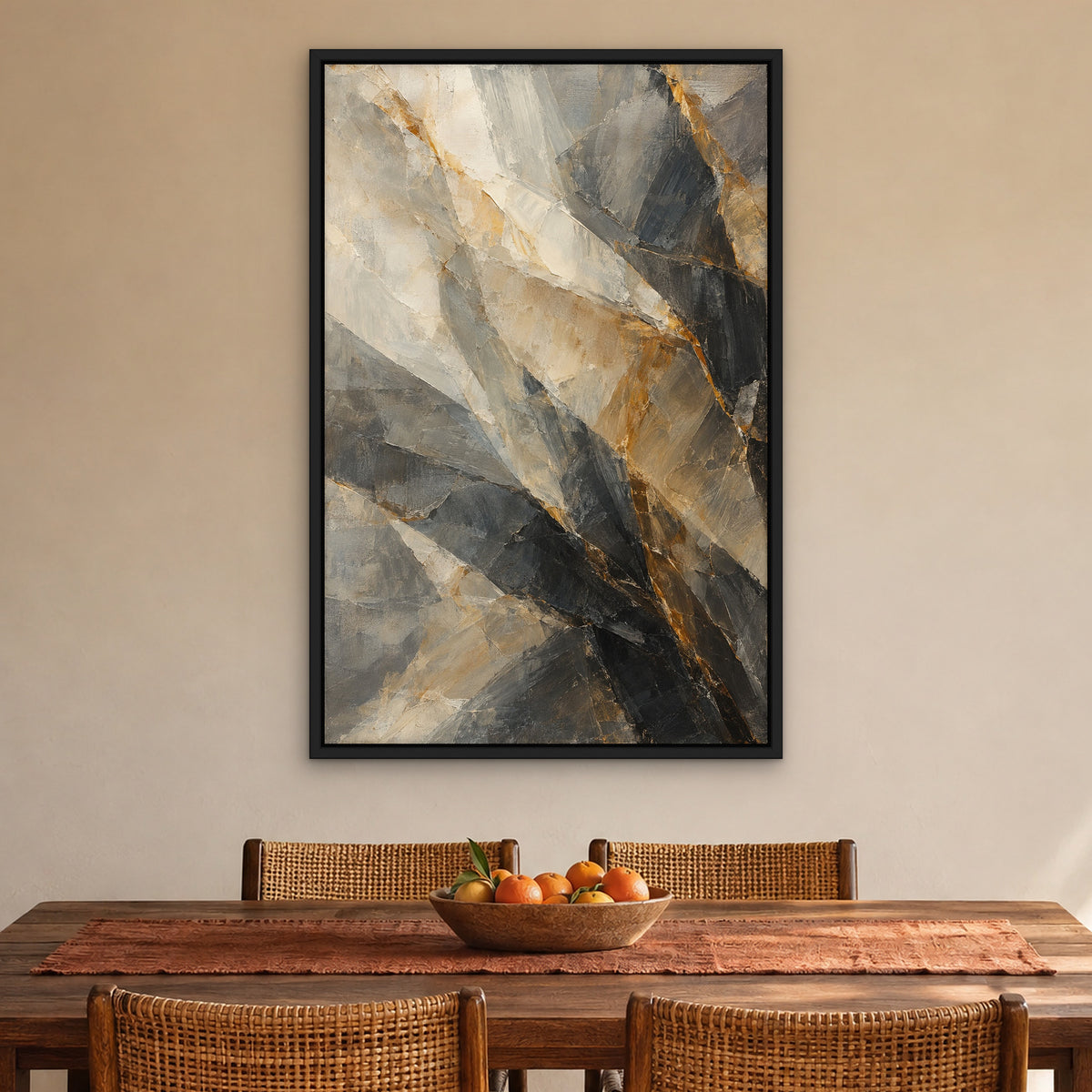 Smoky Quartz Blur, gold abstract hand-painted canvas wall art in a dining room – Gallery 23