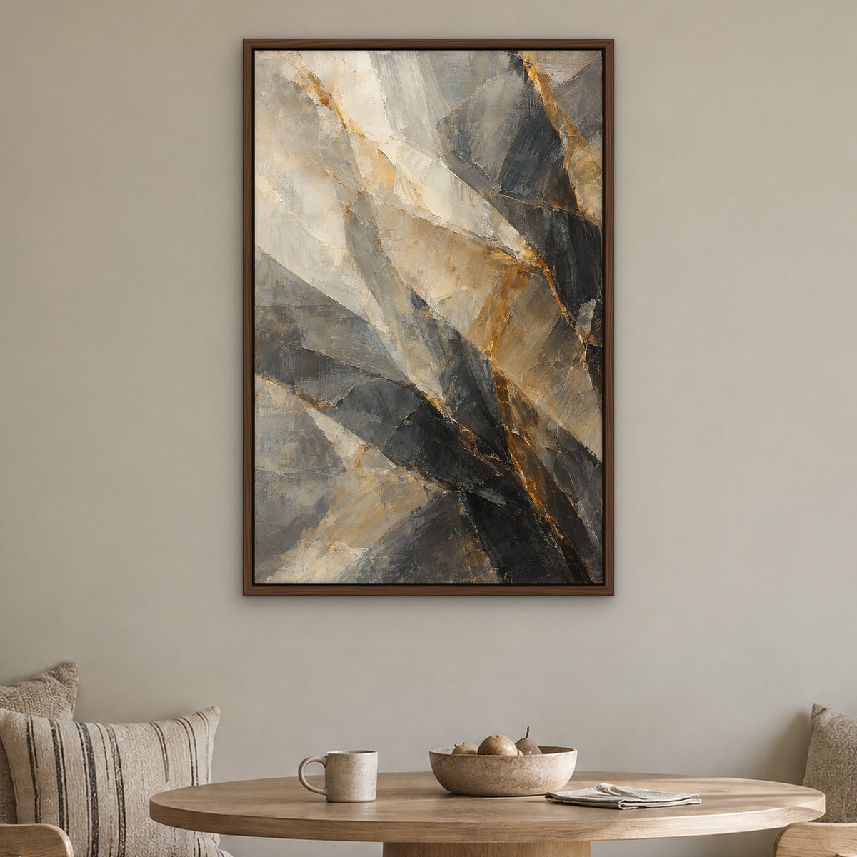 Smoky Quartz Blur, gold abstract hand-painted canvas wall art in a kitchen nook – Gallery 23