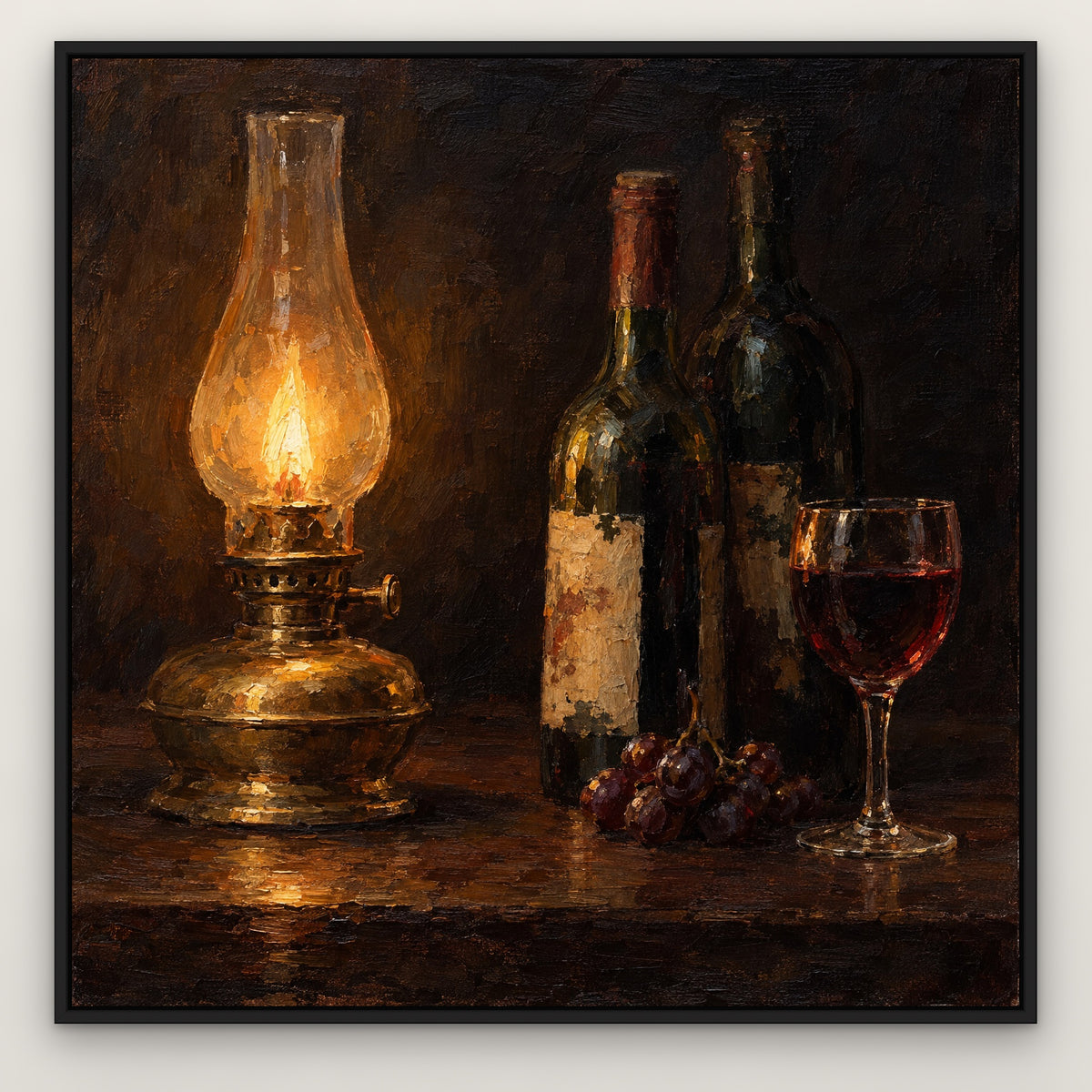 Vintage by Lamplight, brown still life hand-painted canvas wall art in a slim black float frame – Gallery 23