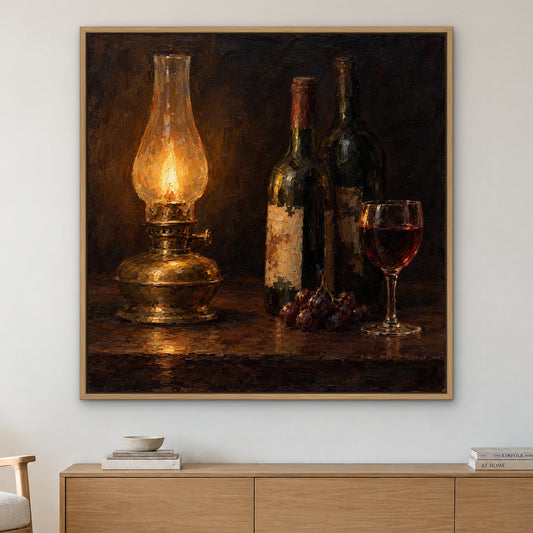 Vintage by Lamplight, brown still life hand-painted canvas wall art in a living room – Gallery 23