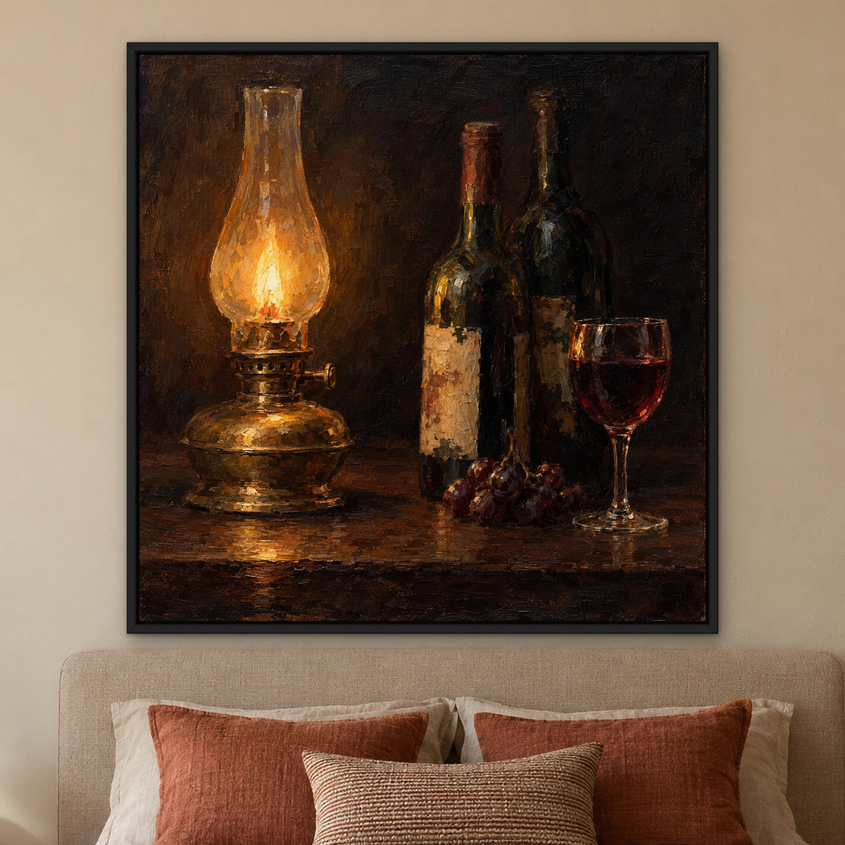 Vintage by Lamplight, brown still life hand-painted canvas wall art in a bedroom – Gallery 23