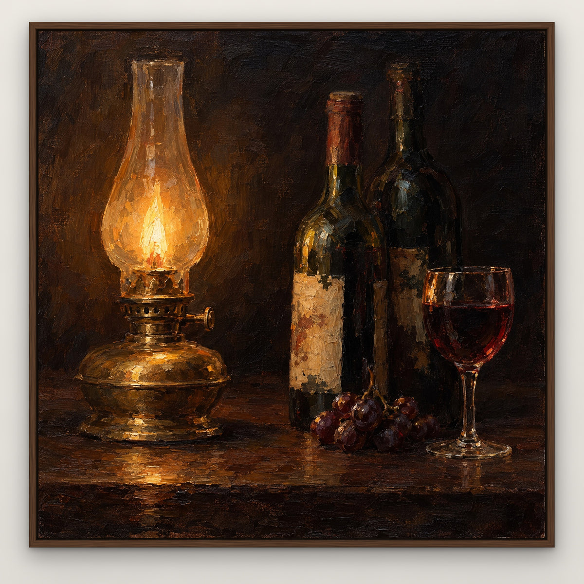 Vintage by Lamplight, brown still life hand-painted canvas wall art in a slim walnut float frame – Gallery 23