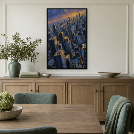 Sapphire Gold Skyline, blue abstract hand-painted canvas wall art in a dining room – Gallery 23