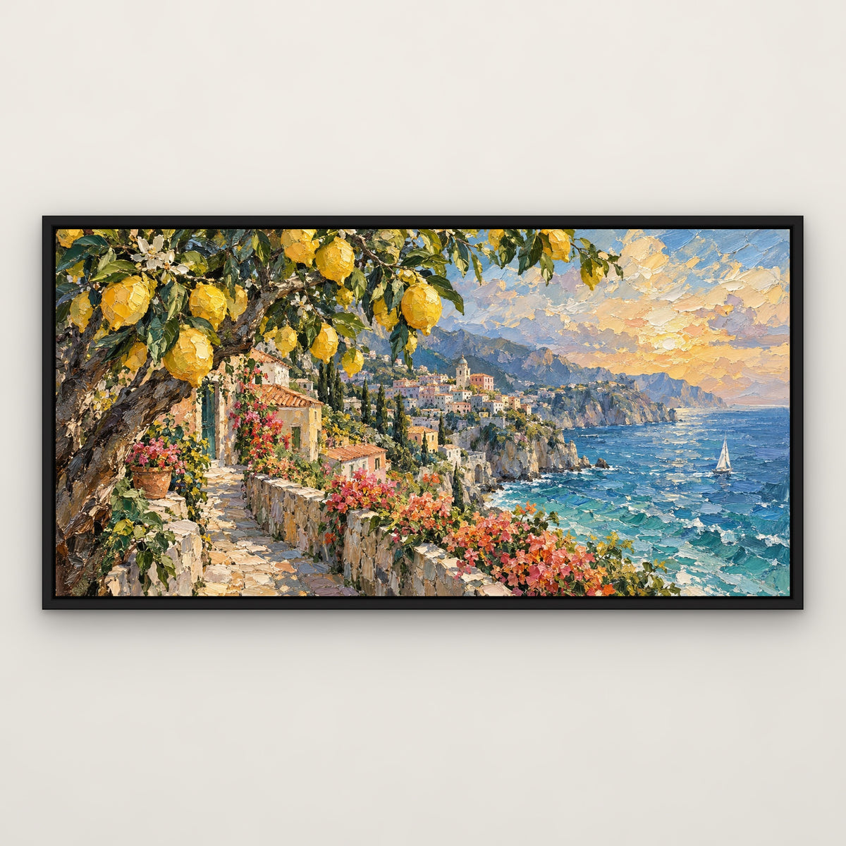 Amalfi Lemon Coast, blue coastal hand-painted canvas wall art in a slim black float frame – Gallery 23
