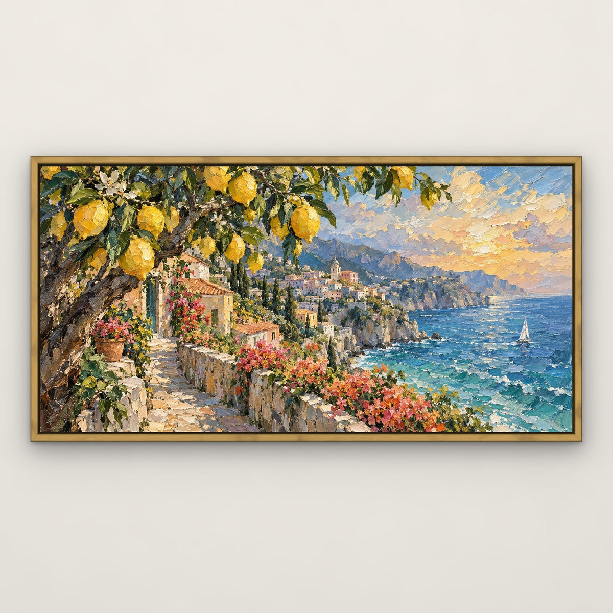Amalfi Lemon Coast, blue coastal hand-painted canvas wall art in a slim antique gold float frame – Gallery 23