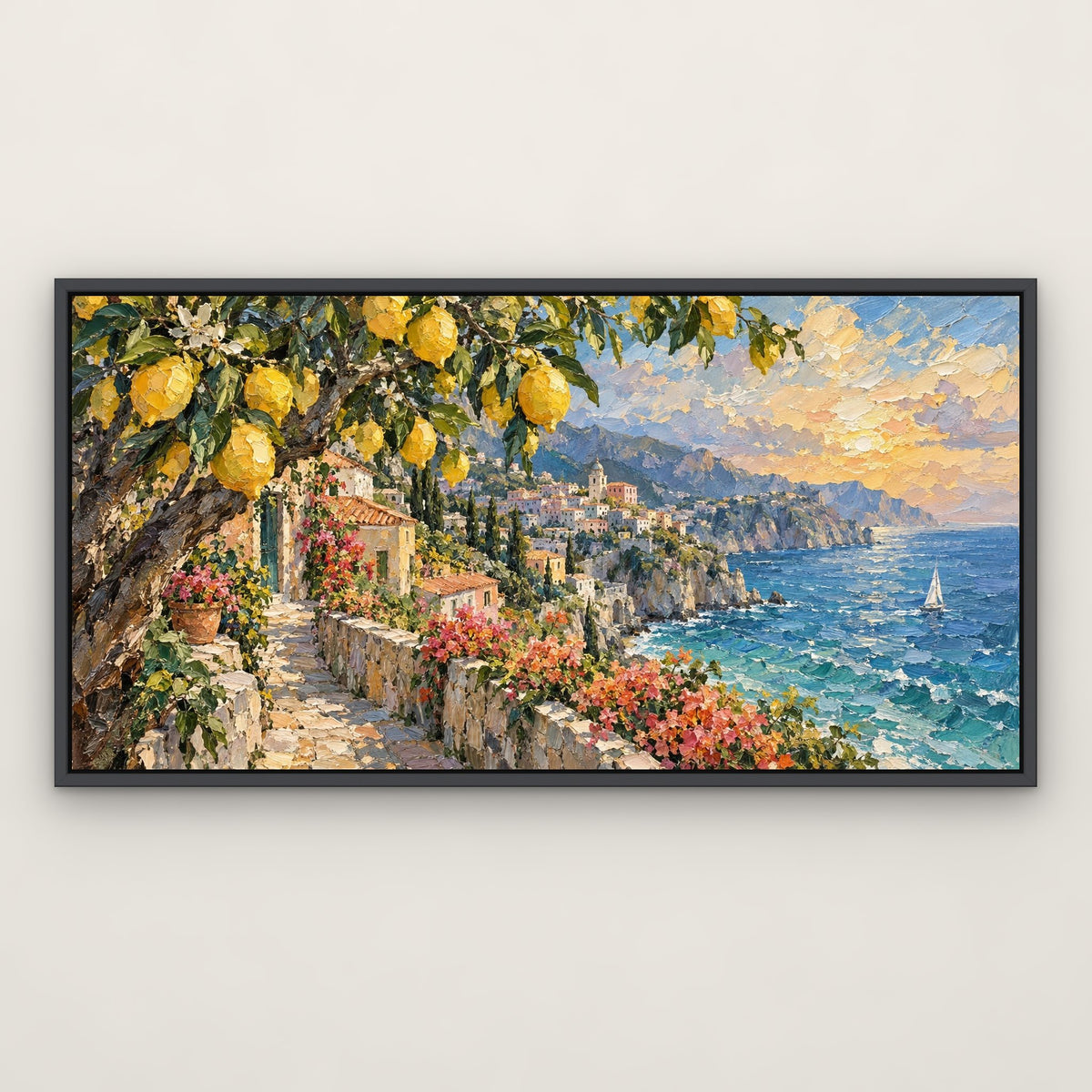 Amalfi Lemon Coast, blue coastal hand-painted canvas wall art in a slim dark grey float frame – Gallery 23