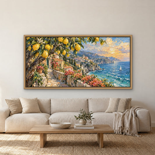 Amalfi Lemon Coast, blue coastal hand-painted canvas wall art in a living room – Gallery 23