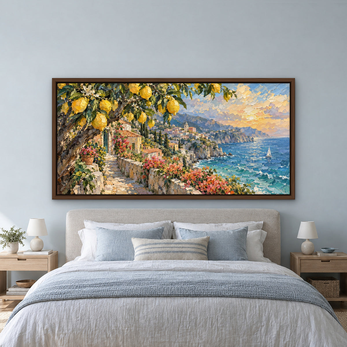 Amalfi Lemon Coast, blue coastal hand-painted canvas wall art in a bedroom – Gallery 23
