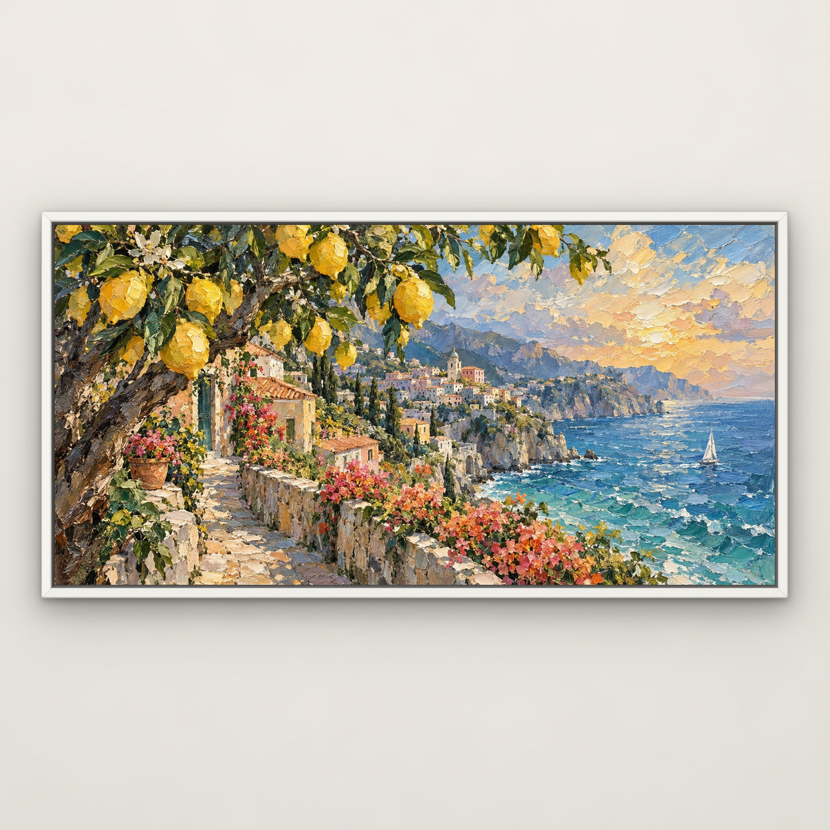 Amalfi Lemon Coast, blue coastal hand-painted canvas wall art in a slim white float frame – Gallery 23