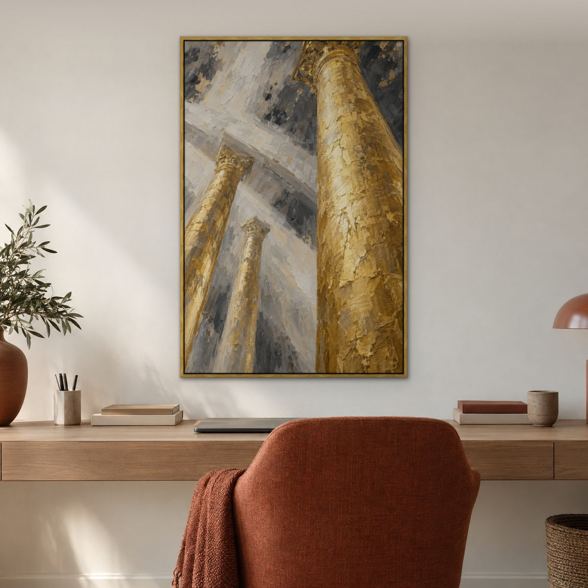 Gilded Columns, gold abstract hand-painted canvas wall art in a home office – Gallery 23