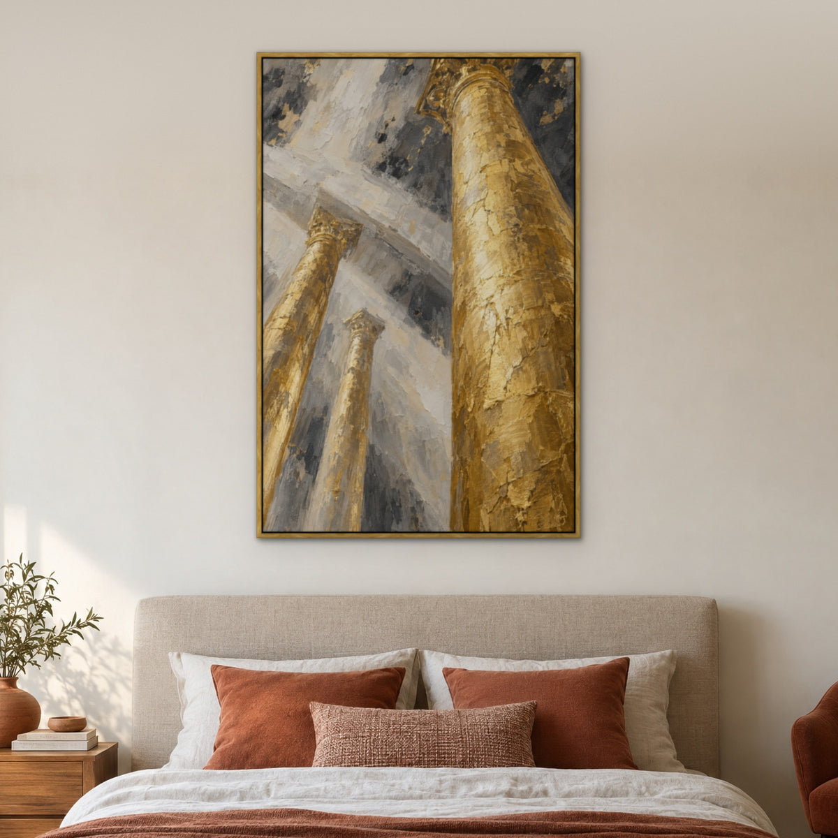 Gilded Columns, gold abstract hand-painted canvas wall art in a bedroom – Gallery 23
