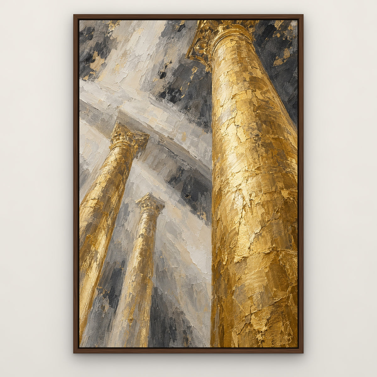 Gilded Columns, gold abstract hand-painted canvas wall art in a slim walnut float frame – Gallery 23