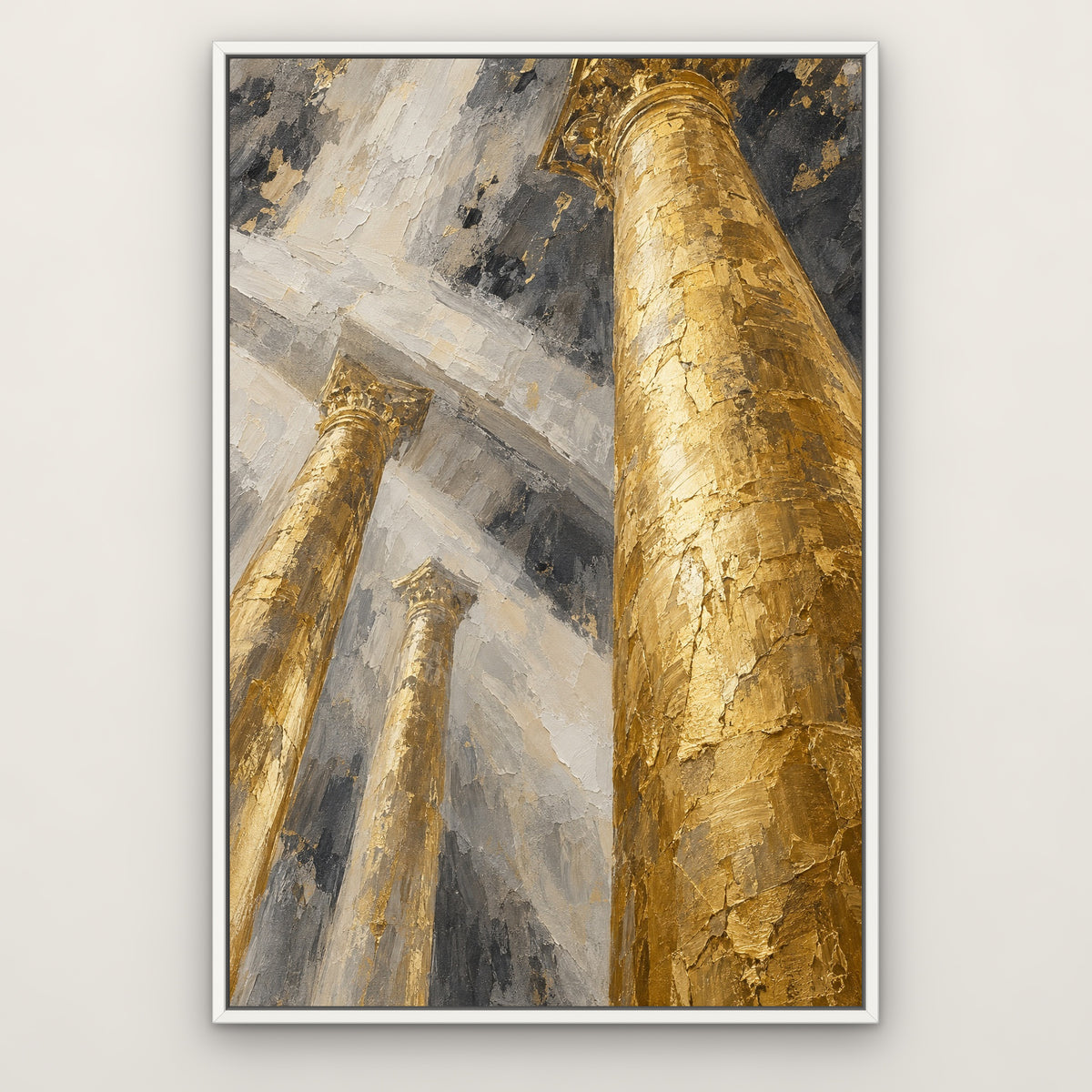 Gilded Columns, gold abstract hand-painted canvas wall art in a slim white float frame – Gallery 23