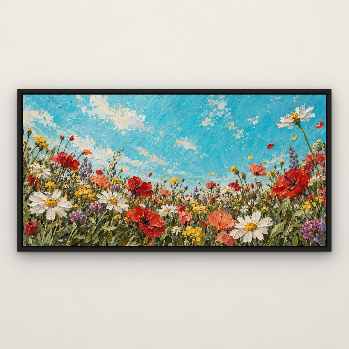 Turquoise Wild Garden, colourful floral hand-painted canvas wall art in a slim black float frame – Gallery 23