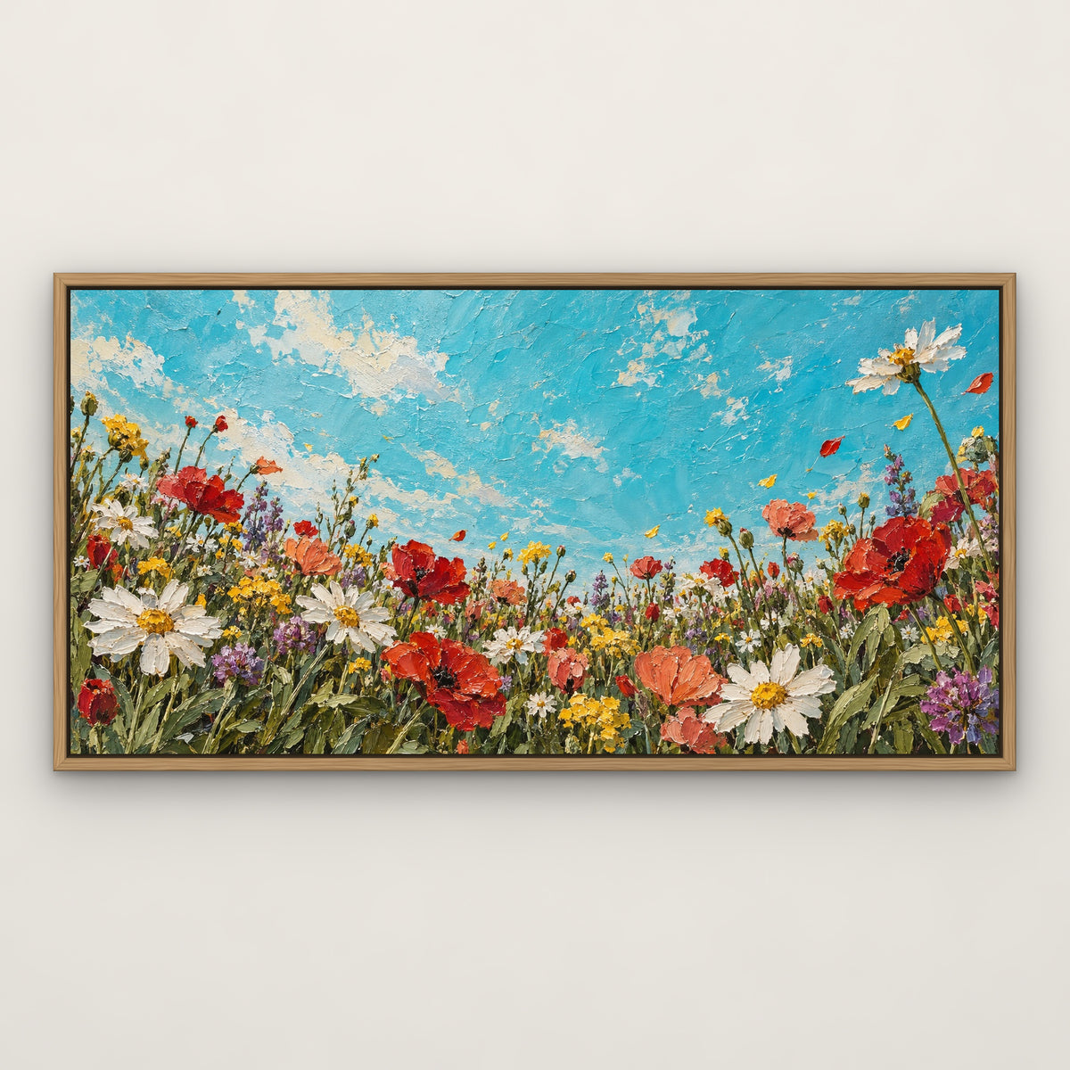 Turquoise Wild Garden, colourful floral hand-painted canvas wall art in a slim oak float frame – Gallery 23